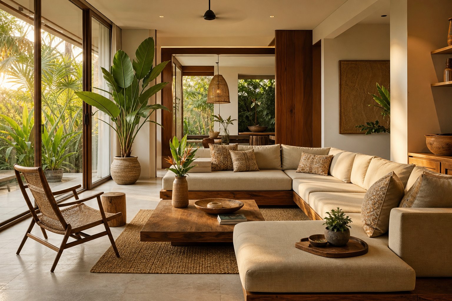 Desain interior ruang tamu minimalis tropis